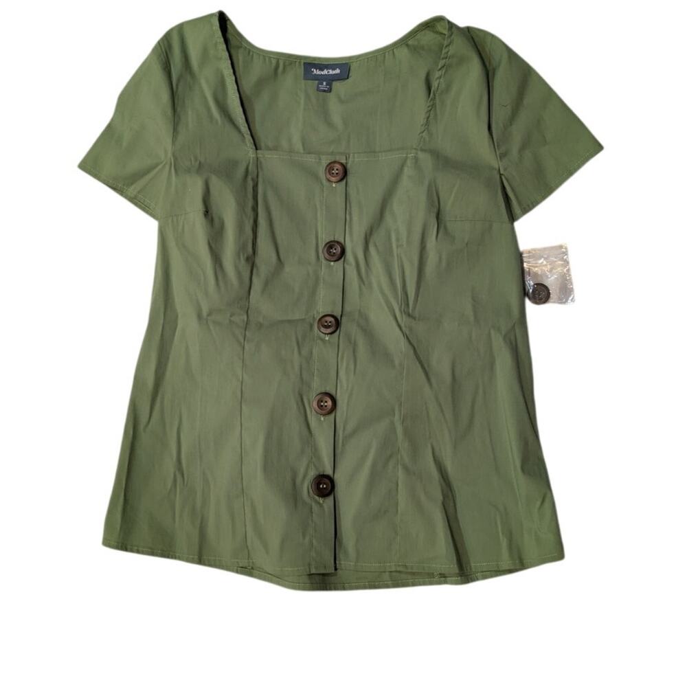 ModCloth Cottage Curation Square Neck Top Green Button Front Tie Back S